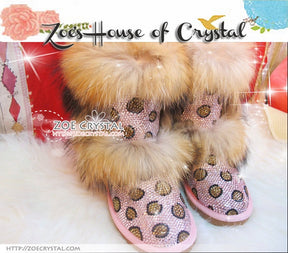 PROMOTION WINTER Bling and Sparkly Double Layers Fur SheepSkin Wool BOOTS w Pink Leopard Print made of Czech or Swarovski Crystals