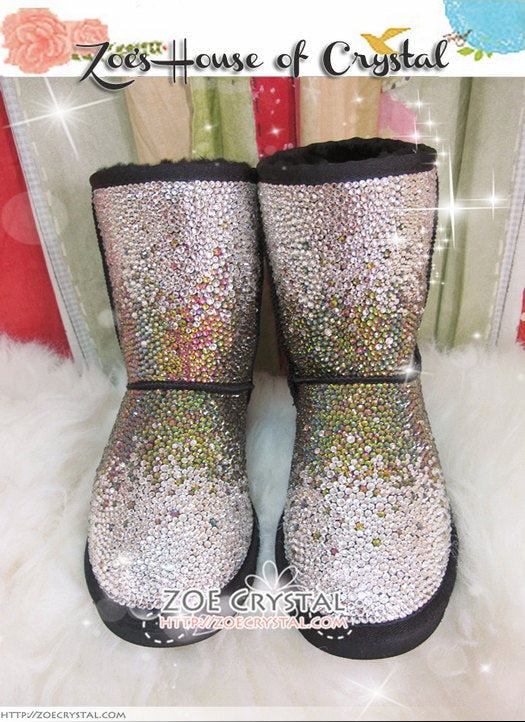 PROMOTION WINTER Bling and Sparkly Strass SheepSkin Wool BOOTS w shinning Czech or Swarovski Rainbow crystal