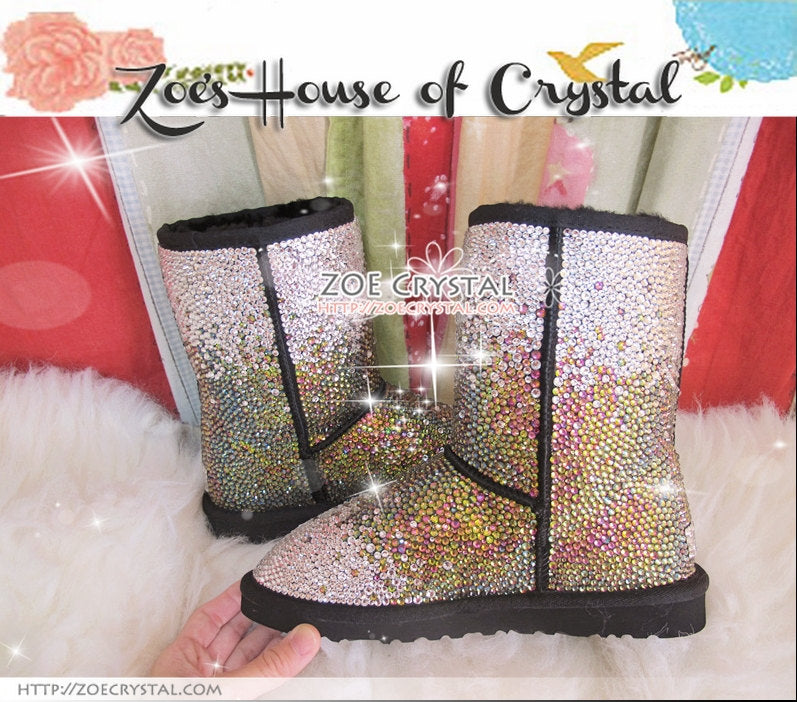 PROMOTION WINTER Bling and Sparkly Strass SheepSkin Wool BOOTS w shinning Czech or Swarovski Rainbow crystal