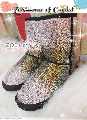 PROMOTION WINTER Bling and Sparkly Strass SheepSkin Wool BOOTS w shinning Czech or Swarovski Rainbow crystal