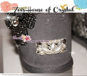 PROMOTION: WINTER Bling and Sparkly Grey SheepSkin Wool Boots w  white Bean Pearls and Crystals