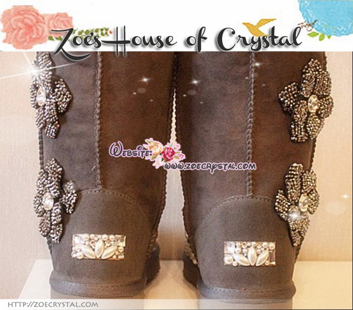 PROMOTION: WINTER Bling and Sparkly Grey SheepSkin Wool Boots w  white Bean Pearls and Crystals