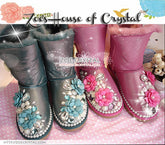 PROMOTION: WINTER Bling and Sparkly Leather SheepSkin Wool Boots w Flowers and Pearls