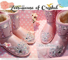 PROMOTION WINTER Pink Sheepskin Fleech/Wool Boots with shinning and stylish CRYSTALS