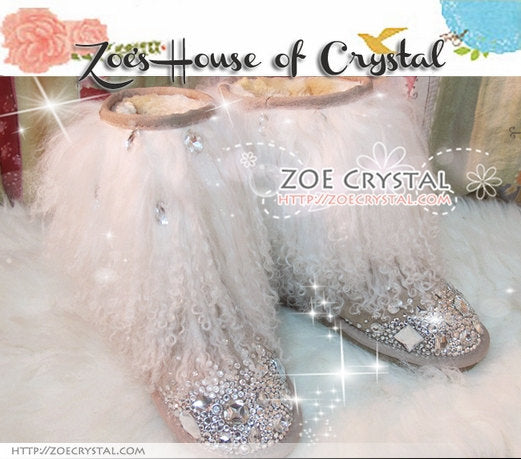 PROMOTION: WINTER Bling and Sparkly White Curly Fur SheepSkin Wool Boots w Crystals and Big STONES