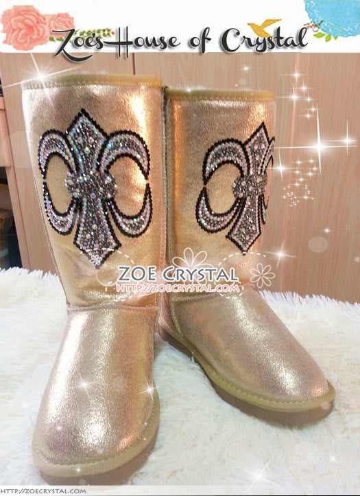 PROMOTION WINTER Golden Metallic Sheepskin Fleech/Wool Boots with Cross made with Swarovski / Czech elements