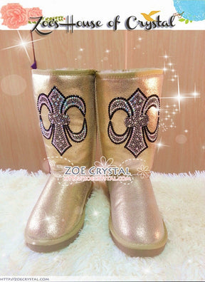 PROMOTION WINTER Golden Metallic Sheepskin Fleech/Wool Boots with Cross made with Swarovski / Czech elements