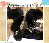 PROMOTION WINTER Black Stylish Fur Sheepskin Fleech/Wool Boots with Swarovski / Czech Rhinestones and Crystals