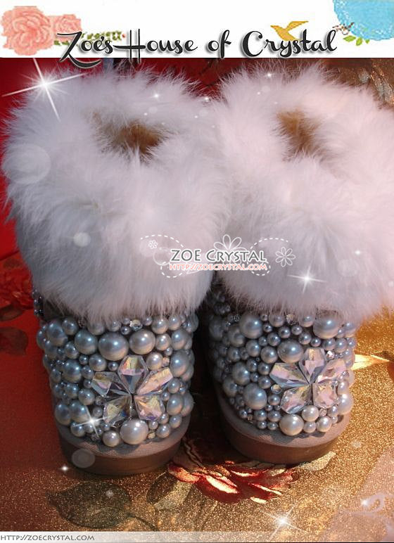 PROMOTION WINTER Bling and Sparkly White Rabbit Fur SheepSkin Winter BOOTS w shinning Czech or Swarovski Crystals and Pearls