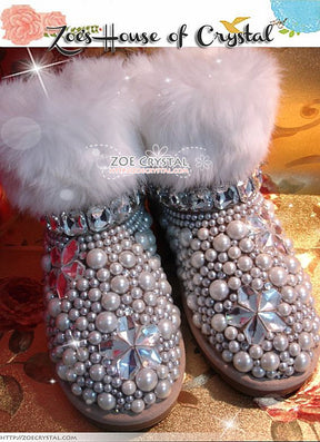 PROMOTION WINTER Bling and Sparkly White Rabbit Fur SheepSkin Winter BOOTS w shinning Czech or Swarovski Crystals and Pearls