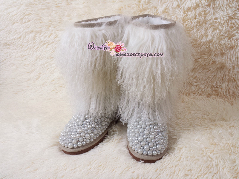 PROMOTION: WINTER Bling and Sparkly Tall White Curly Fur SheepSkin Wool Boots w Pearls and Crystals