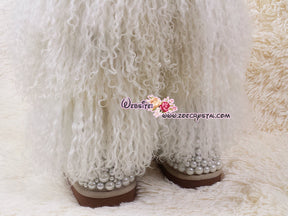 PROMOTION: WINTER Bling and Sparkly Tall White Curly Fur SheepSkin Wool Boots w Pearls and Crystals