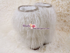 PROMOTION: WINTER Bling and Sparkly Tall White Curly Fur SheepSkin Wool Boots w Pearls and Crystals