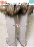 PROMOTION WINTER Knee Hight Bling and Sparkly Sand / Tan Fur SheepSkin Wool BOOTS w elegant Pearls and Cs