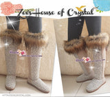 PROMOTION WINTER Knee Hight Bling and Sparkly Sand / Tan Fur SheepSkin Wool BOOTS w elegant Pearls and Cs