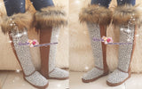 PROMOTION WINTER Knee Hight Bling and Sparkly Brown Fur SheepSkin Wool BOOTS w elegant Pearls and Cs