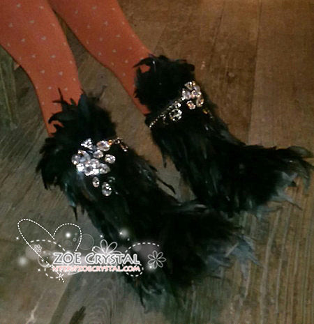 WINTER Bling and Stylish Black Feather SheepSkin Wool BOOTS w shinning Czech or Swarovski Crystals