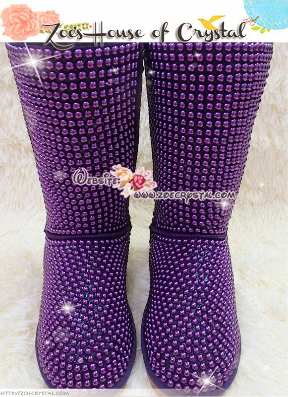 PROMOTION WINTER Bling and Sparkly Tall Purple Pearls SheepSkin Wool BOOTS w shinning Czech or Swarovski crystals