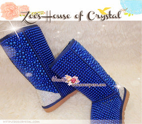 PROMOTION WINTER Bling and Sparkly Tall Blue Pearls SheepSkin Wool BOOTS w shinning Czech or Swarovski crystals