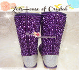 PROMOTION WINTER Bling and Sparkly Tall Purple Pearls SheepSkin Wool BOOTS w shinning Czech or Swarovski crystals