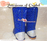 PROMOTION WINTER Bling and Sparkly Tall Blue Pearls SheepSkin Wool BOOTS w shinning Czech or Swarovski crystals