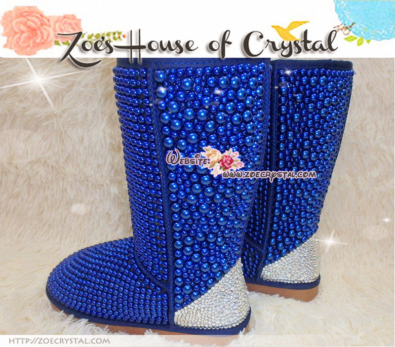 PROMOTION WINTER Bling and Sparkly Tall Blue Pearls SheepSkin Wool BOOTS w shinning Czech or Swarovski crystals