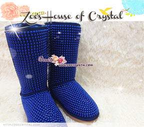 PROMOTION WINTER Bling and Sparkly Tall Blue Pearls SheepSkin Wool BOOTS w shinning Czech or Swarovski crystals