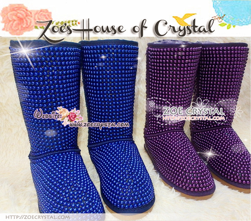 PROMOTION WINTER Bling and Sparkly Tall Blue Pearls SheepSkin Wool BOOTS w shinning Czech or Swarovski crystals