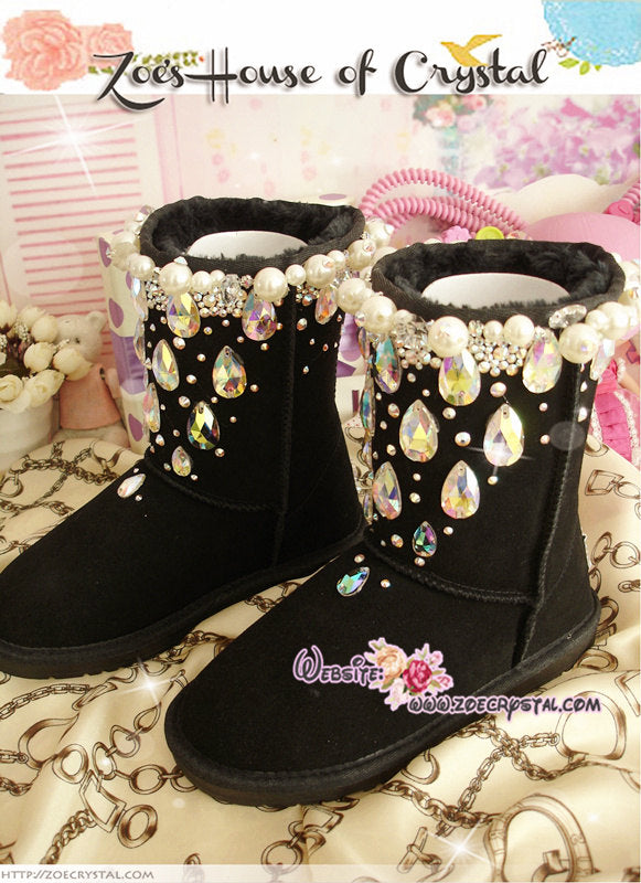 PROMOTION WINTER Black Sheepskin Wool Boots with shinning and stylish CRYSTALS - Falling Stars