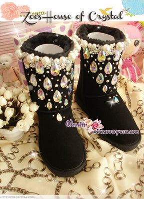 PROMOTION WINTER Black Sheepskin Wool Boots with shinning and stylish CRYSTALS - Falling Stars