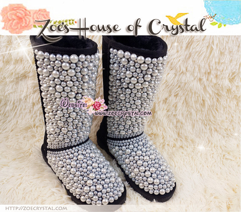 PROMOTION WINTER Bling and Sparkly Black Tall SheepSkin Wool BOOTS w Creamy white pearls