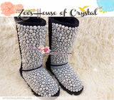 PROMOTION WINTER Bling and Sparkly Black Tall SheepSkin Wool BOOTS w Creamy white pearls