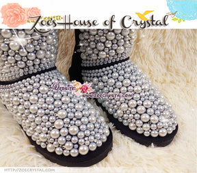 PROMOTION WINTER Bling and Sparkly Black Tall SheepSkin Wool BOOTS w Creamy white pearls