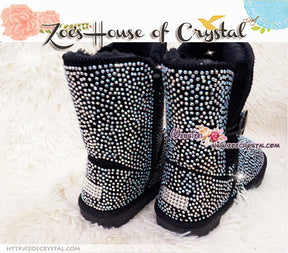 PROMOTION WINTER Bling and Sparkly Strass Black Bailey SheepSkin Wool BOOTS w shinning Crystals