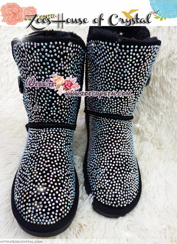 PROMOTION WINTER Bling and Sparkly Strass Black Bailey SheepSkin Wool BOOTS w shinning Crystals