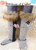 PICK YOUR INITIAL Knee High Bling and Sparkly Brown Fur Black SheepSkin Wool Boots w elegant Pearls and Your Favorite Initial