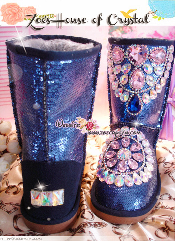 PROMOTION WINTER Blue / Silver Metallic Surface Sheepskin Fleech/Wool Boots with shinning and stylish CRYSTALS