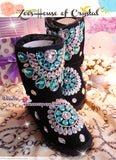PROMOTION WINTER Black Sheepskin Fleech/Wool Boots with shinning and stylish CRYSTALS - New Flower Style