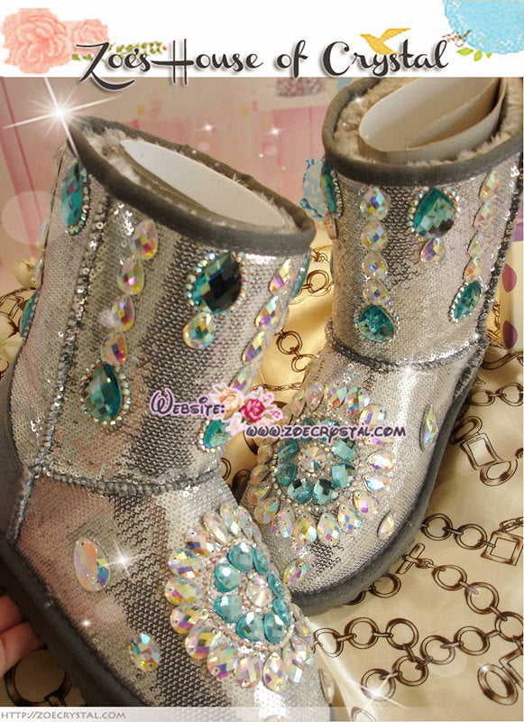 PROMOTION WINTER Blue / Silver Metallic Surface Sheepskin Fleech/Wool Boots with shinning and stylish CRYSTALS