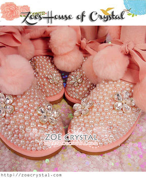 Winter Sales-  Bling and Sparkly Fur Balls Pink Winter Wool BOOTS with Creamy white Pearls in Elegant Style-