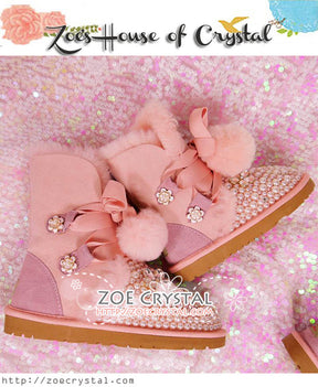 Winter Sales-  Bling and Sparkly Fur Balls Pink Winter Wool BOOTS with Creamy white Pearls in Elegant Style-