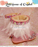 PROMOTION WINTER Pink Metallic Wool Boots with shinning and stylish Rhinestones and White Feathers