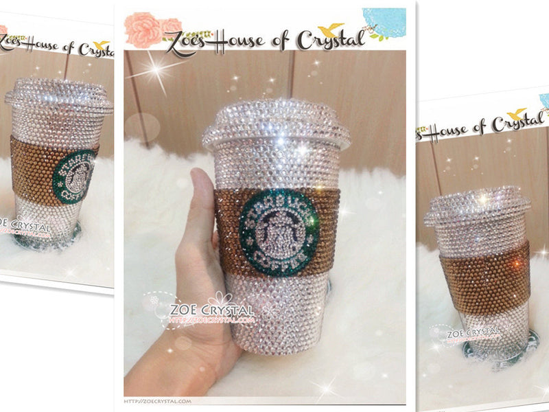 Stylish BLING Crystallized STARBUCKS Ceramic Cups with Brown Cozy